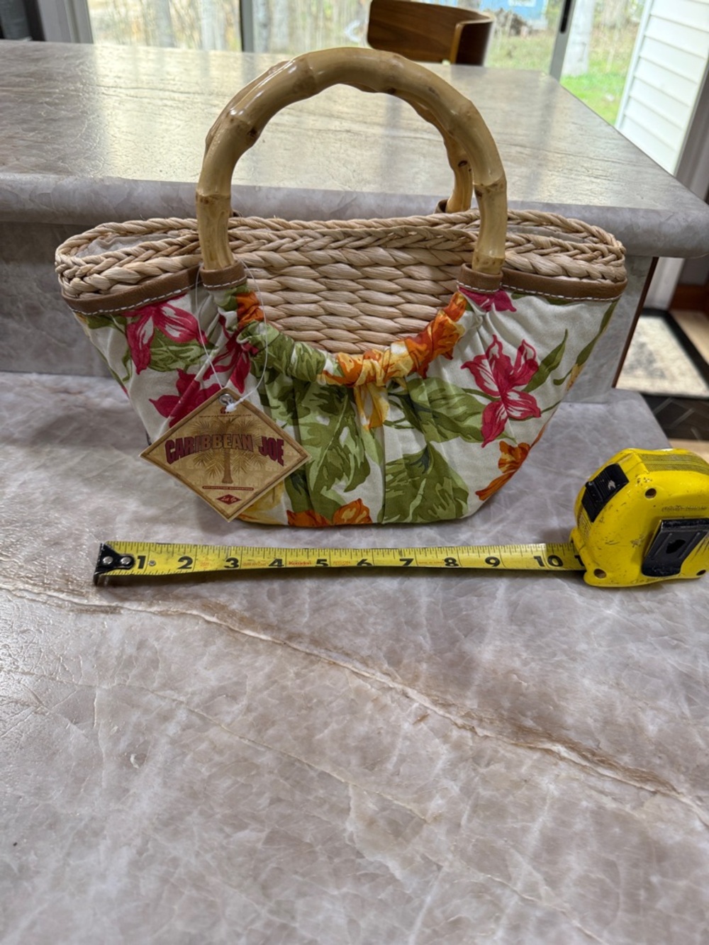 Caribbean Joe Floral Straw Tote w Bamboo Handles White, Green, Pink, Orange NWT